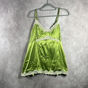 Vintage Announcements Maternity Tank Top Women XL Green Satin Lace Trim Cami Y2K